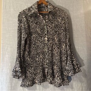 Essentials By Milano Blouse Boho Flutter Sleeves Black/White Women’s Sz L NWOT